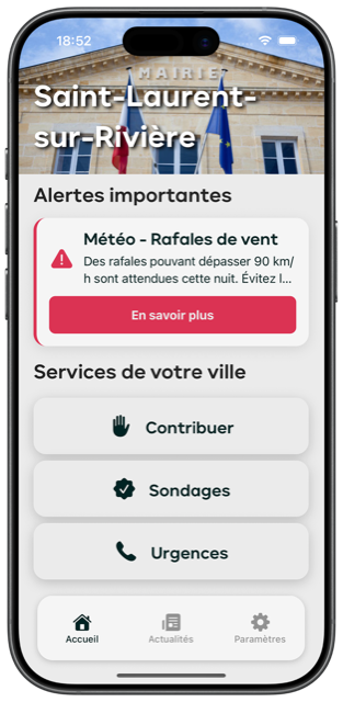 Écran d'accueil de l'application Mon Maire Et Moi : alertes, services et signalements d'une commune